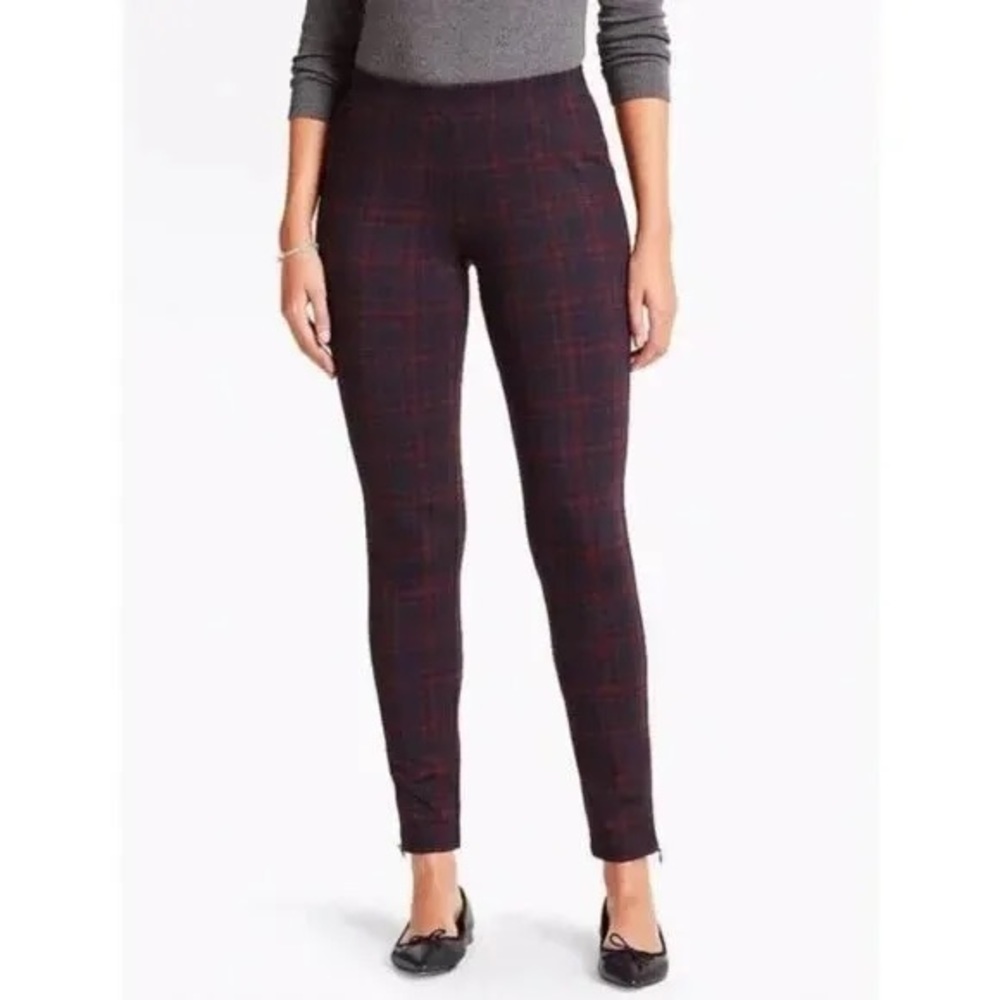 Talbots Legging  Burgundy  Navy Ponte Plaid Windowpane Ankle Pants Size MP
